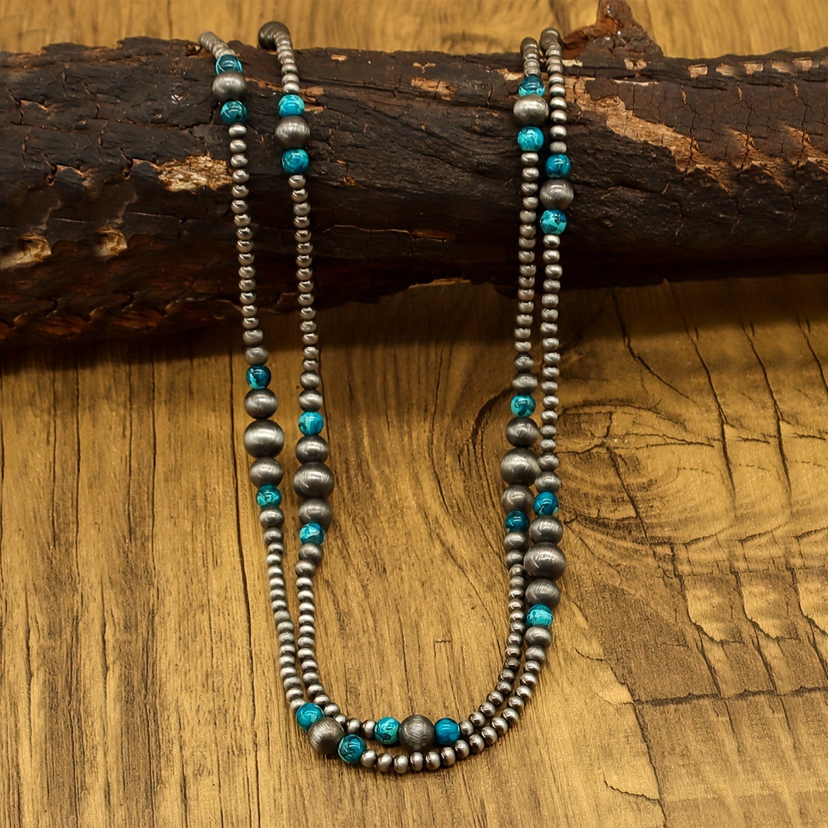 

-chic Handcrafted Long Necklace With Navajo Pearls & Turquoise - Vintage Silvery , Casual Attire Or Gifting