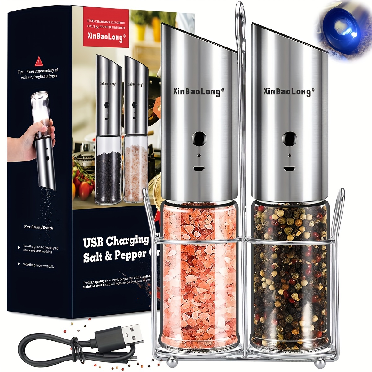 

2pcs Electric Salt And Pepper Grinder Set, Usb Rechargeable Salt And Pepper Grinder Set, New Stainless Steel Rechargeable, Adjustable Coarseness, Gravity Salt And Pepper Grinder Set