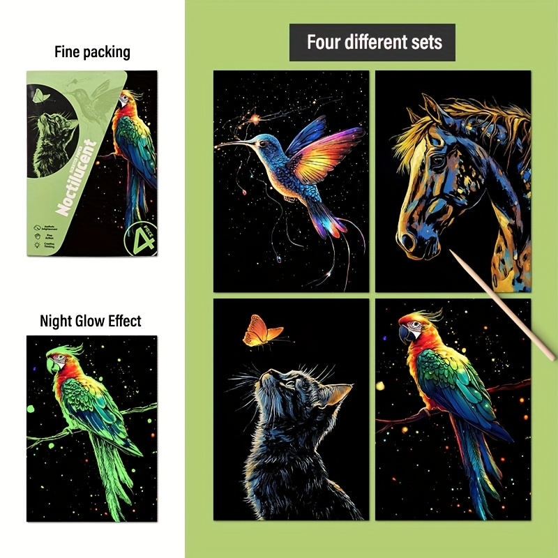 Image of 4pcs Luminous Scratch Card Set Scratch Book Creative Painting Handmade Holiday Gift, Suitable For Office Decompression, School Games, Patterns