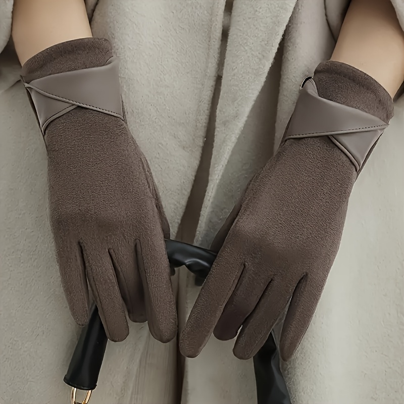 

2pcs Elegant Women's Touchscreen Gloves - Warm Suede With Chic Brown Leather Accents, For Winter Cycling, Hand Or Only, Winter Gloves