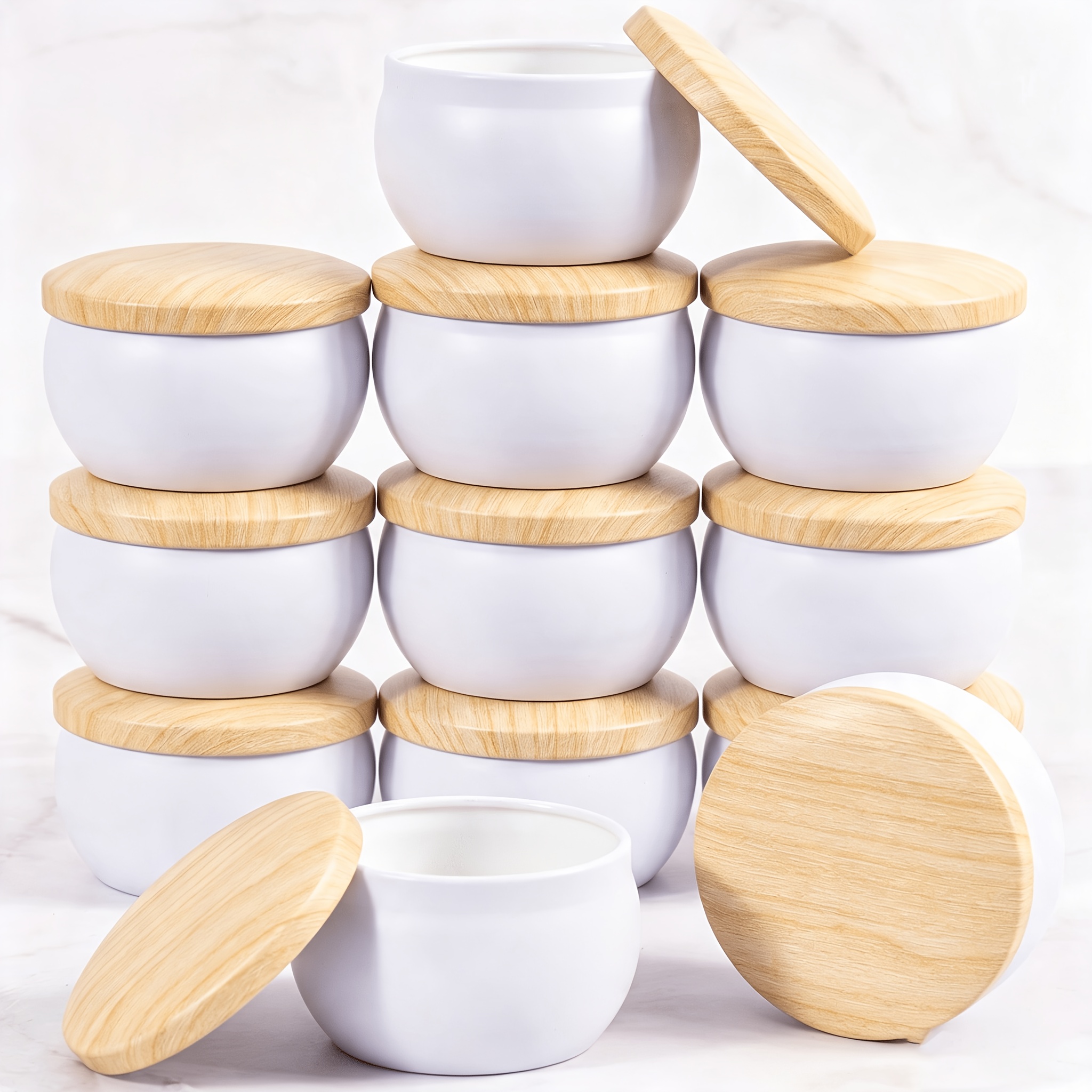 TEMU 12pcs White Candle Tins With Metal Wood Grain Lids, 2.5oz - Diy Candle Making Supplies & Storage Containers