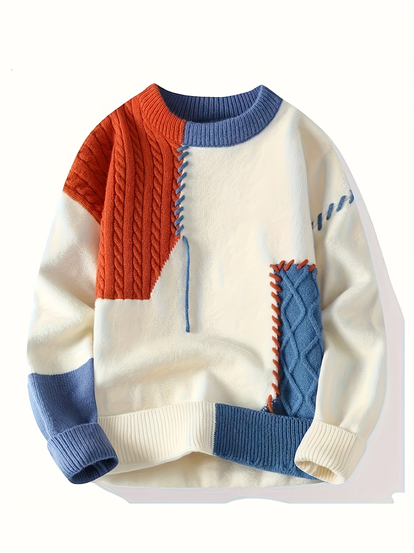 Blue Color Men's Color Block Cable Sweater - Soft Ribbed Texture Machine Washable Round Neck Pullover for Spring Fall Winter Casual & Mature Occasions, Sweater Durable wear