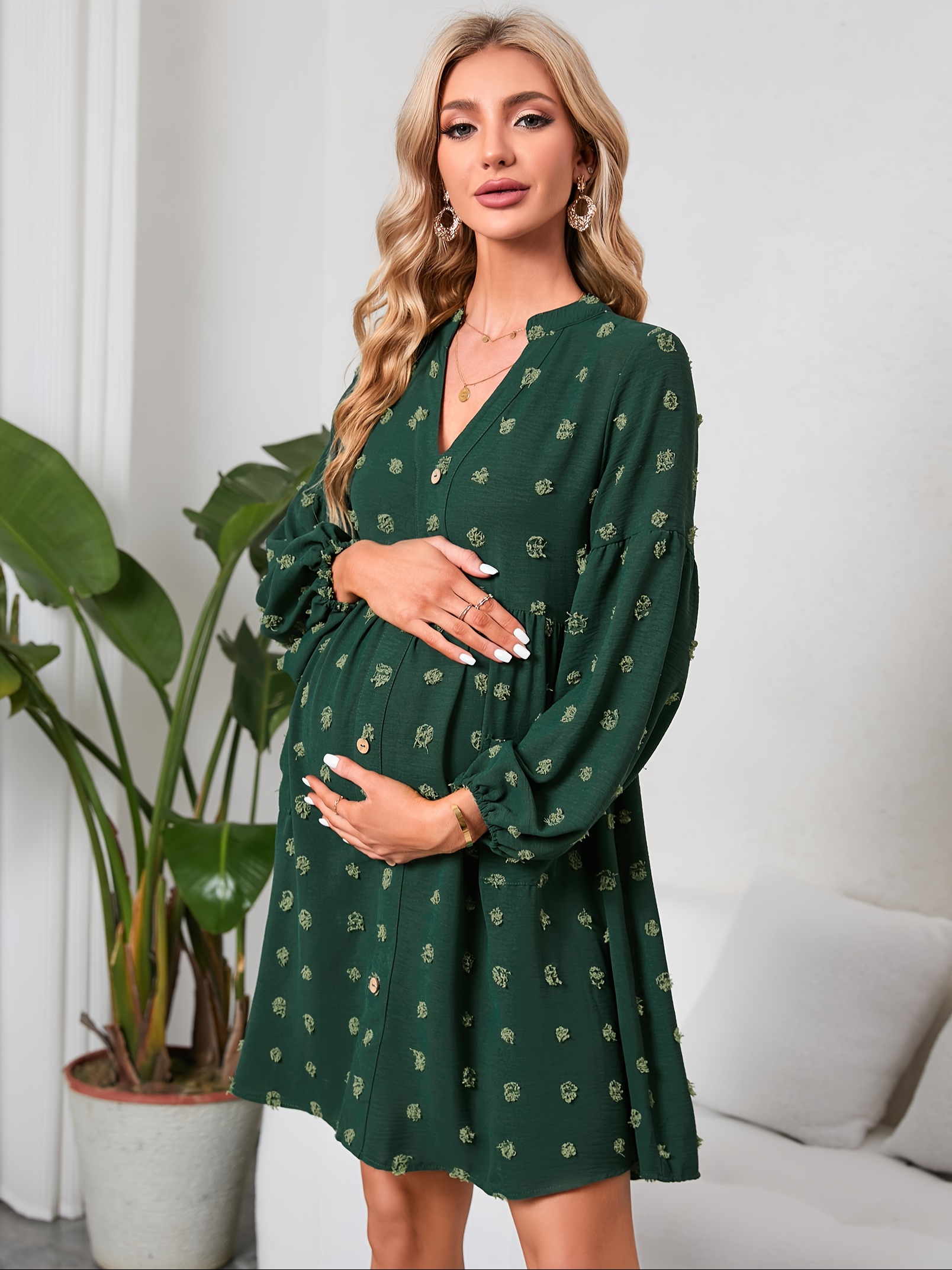 fitted lace wedding dress Long Sleeves V-Neck Short Maternity Dress – Glamix Maternity main image 0
