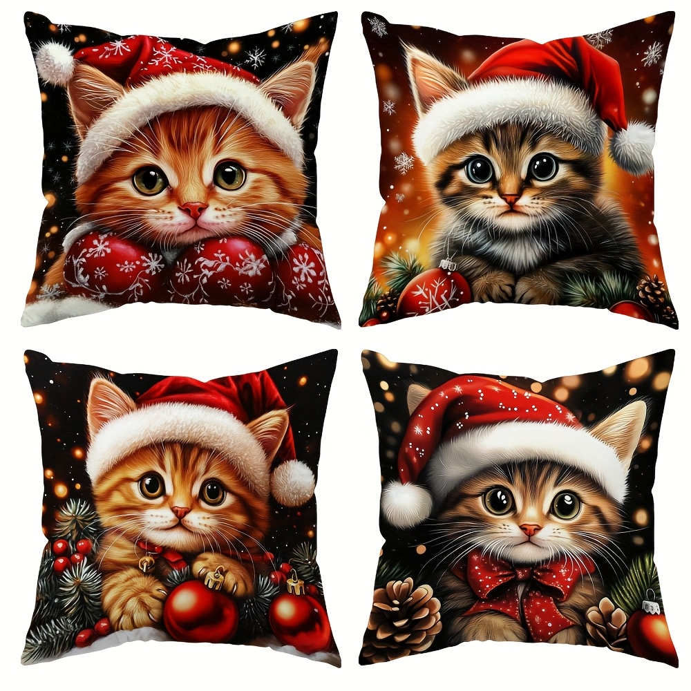 TEMU 4pcs, Christmas Theme, Printed With Christmas Kitten Pattern, Warm And Comfortable, Beautiful And Practical, 17.72 Inches * 17.72 Inches,