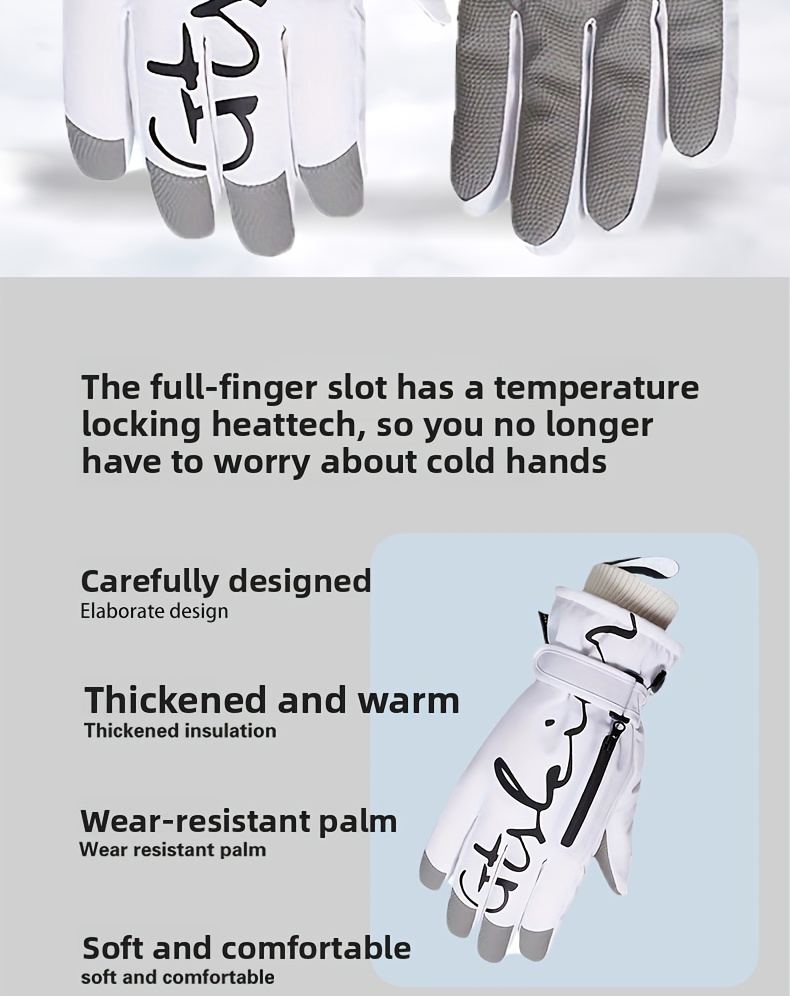 Winter skiing gloves, warm snow gloves, thick and fashionable, suitable for both men and women in outdoor sports, with pockets that are not afraid of rain and snow, easy to clean, high-quality skiing equipment, reinforced stitching