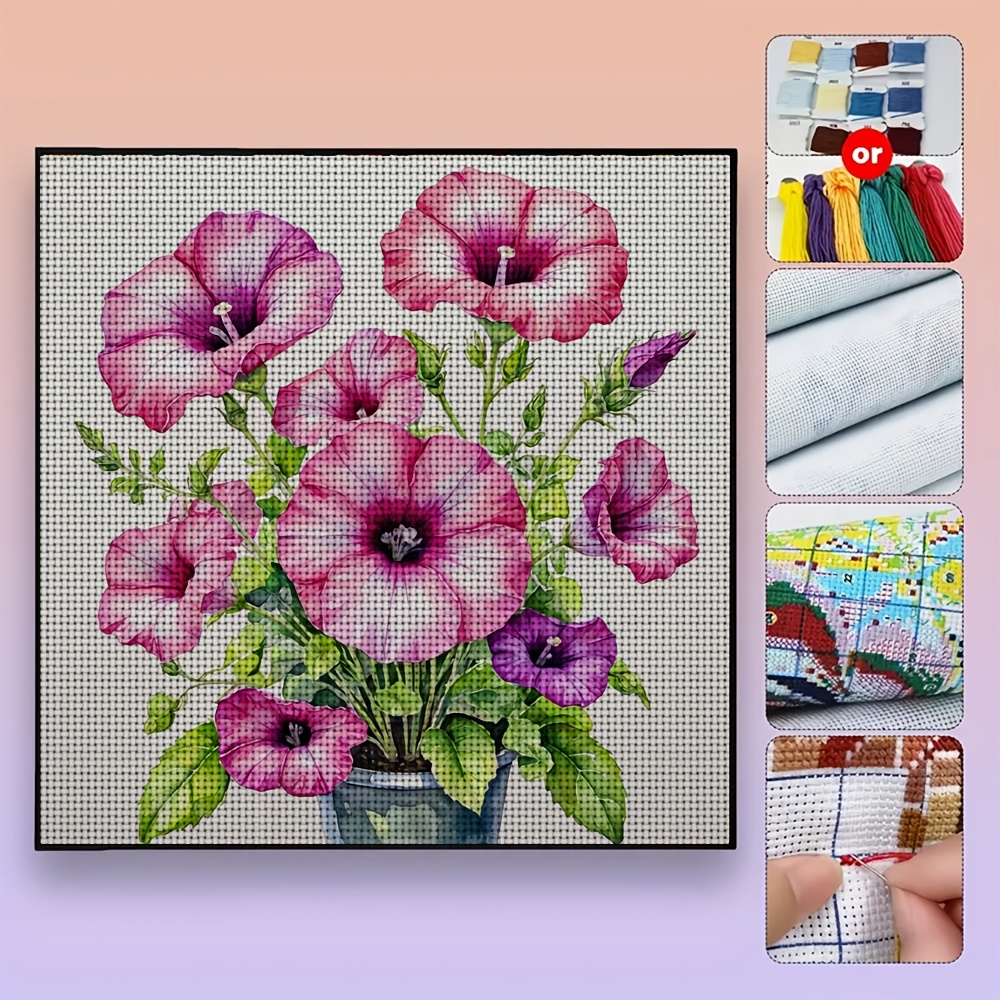 Pink Morning Glory Watercolor Painting Pattern Stitch Kit