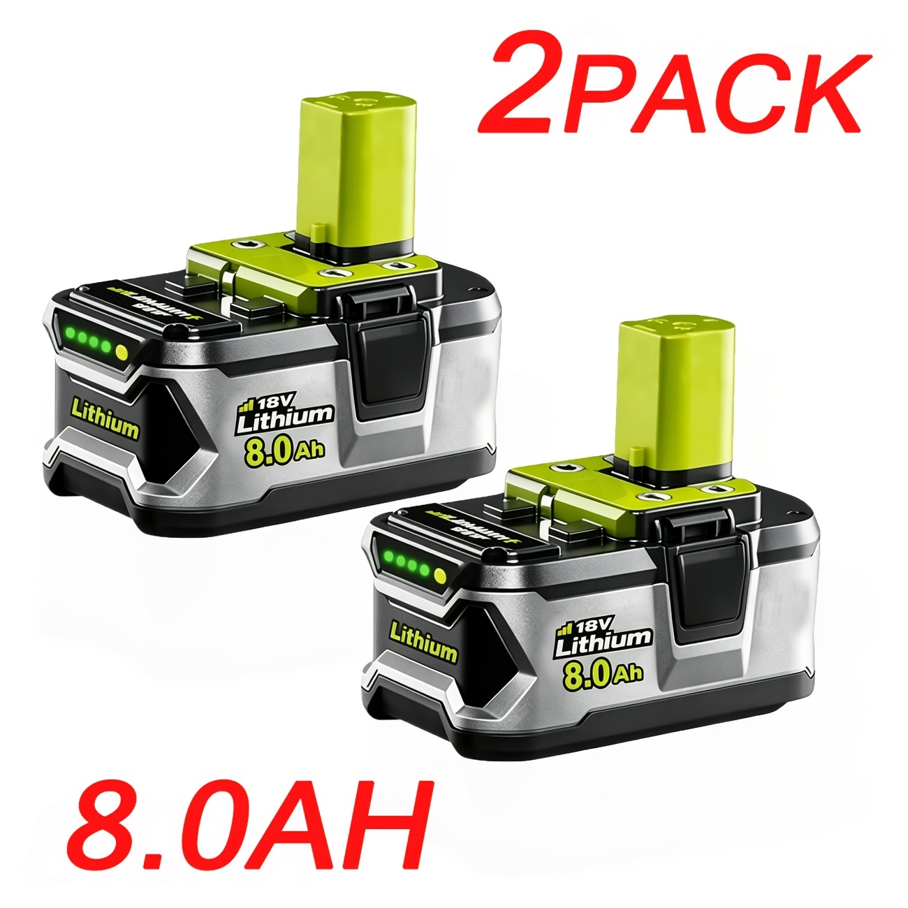 TEMU 2-pack Lithium-ion 8.0ah Cordless Tools P108 P107 P105 P104 Replacement For Ryobi 8000mah Battery High-capacity, & Triple Safety Features