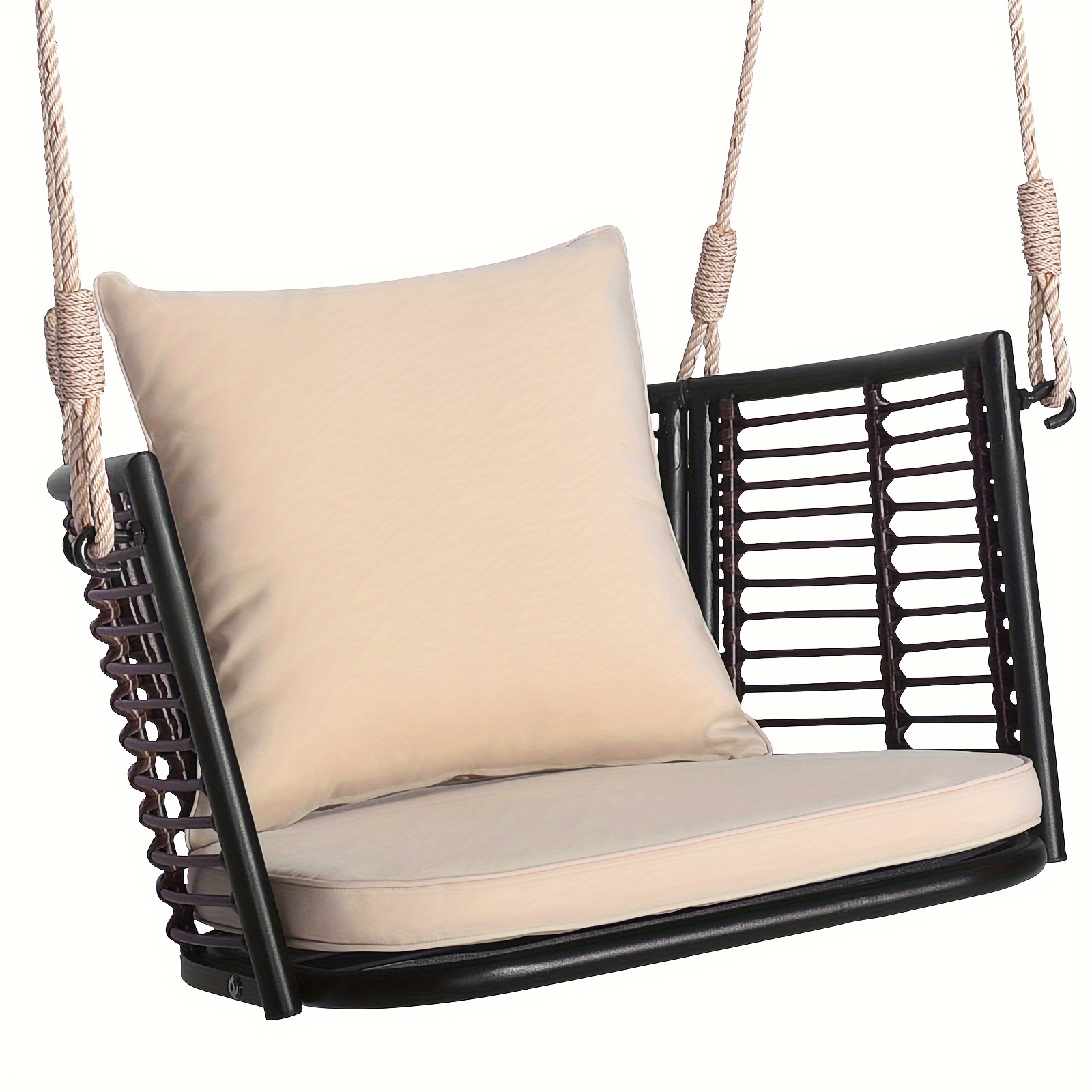 

1pc Rustic Rattan Basket Swing Chair With Cushion, Metal Frame, 6ft Adjustable Rope, Indoor/outdoor Hanging Hammock Chair, Home Garden Patio Decor, Beige