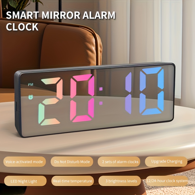 item picture Modern Large LED Digital Alarm Clock with Date and Temperature Display - White Frame with Black Mirror Dial, 12/24 Hour Mode, Snooze Function, Battery/DC Powered (AAA Batteries Not Included) - Bedside Clock, Suitable for Office - Digital Clock Radio