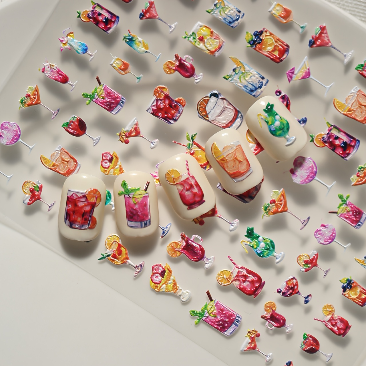 Iced Tea Themed Nail Stickers | Embossed Texture Design, Style With Cocktail, Iced Tea, Juice Elements, Self- Resin, Single Use