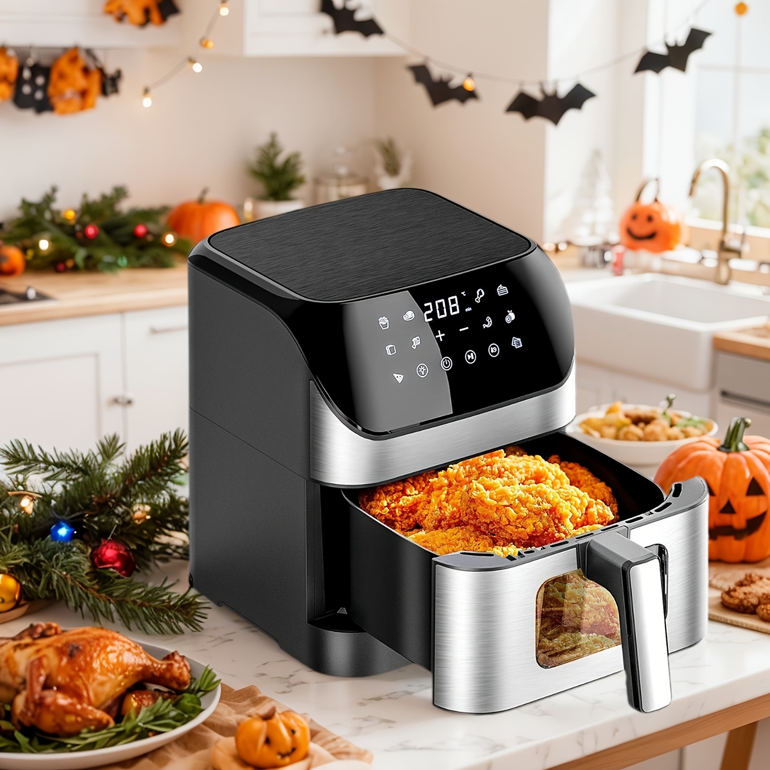 E-shop Luftfritteuse 9L mit Sichtfenster – Quadratische Luftfritteuse 10-in-1: Frittieren, , Aufwärmen, Dehydratisieren, Backen, Dämpfen, Pommes,
