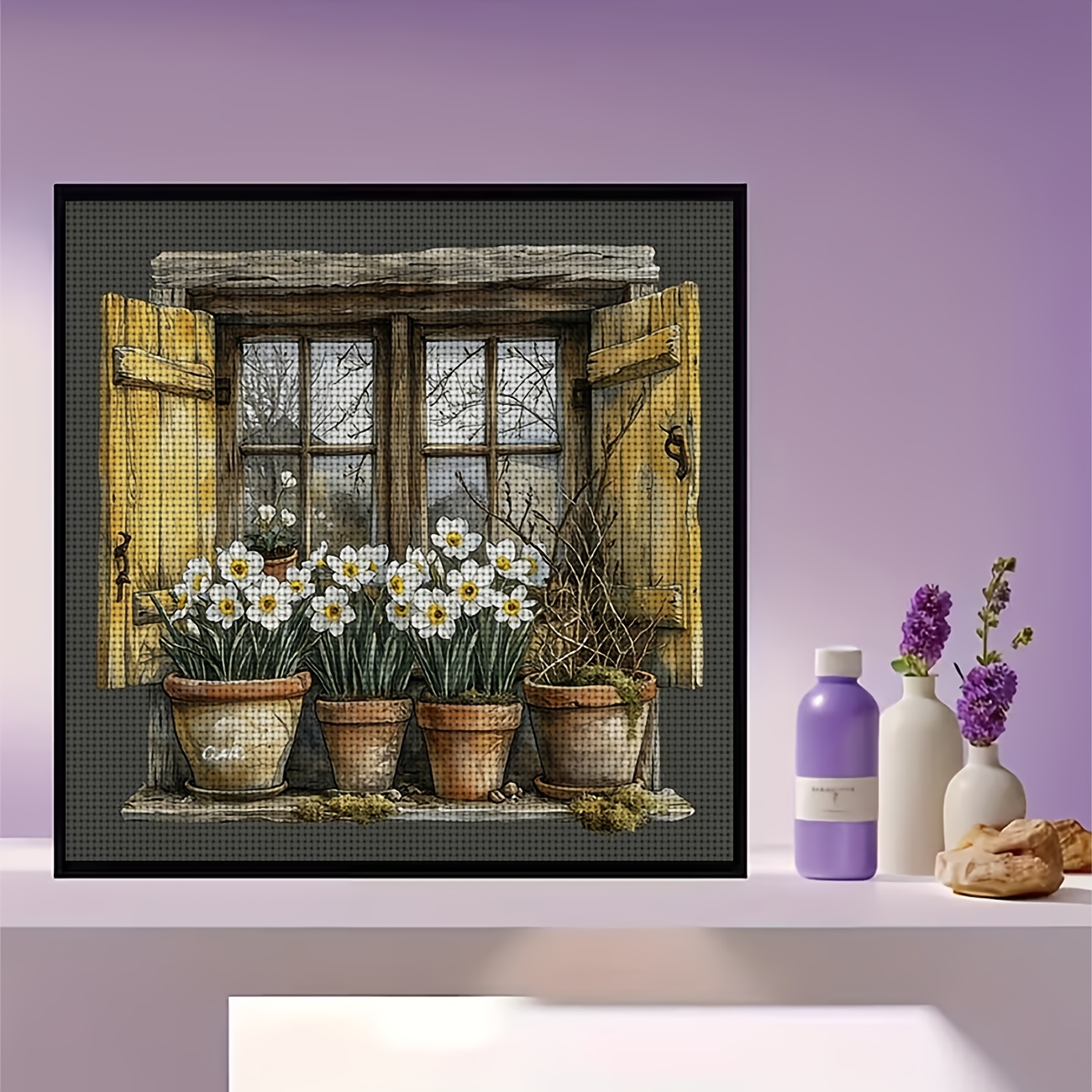 Cross Stitch Printed Kit, Frameless, Open Window, Ceramic Pot and Daffodil Pattern