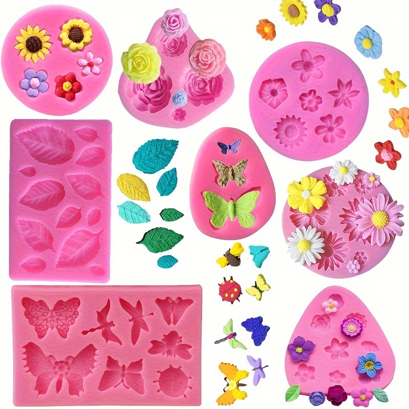 

8pcs Silicone Cake Decoration Mold Set, Rose Butterfly Daisy Rose Leaf And Mini Flower Fudge Candy Chocolate Polymer Clay Soap Handmade Project Cake Decoration