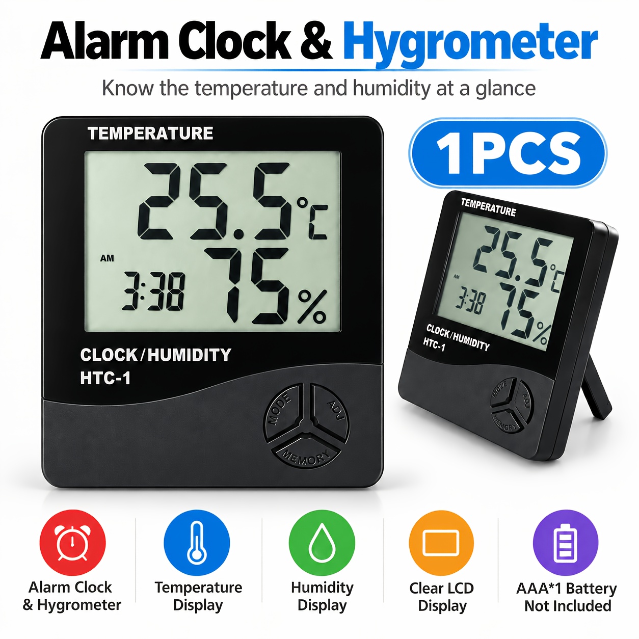 TEMU con termómetro higrómetro de interior, monitor de y humedad con hora y alarma, reloj de escritorio con números grandes para dormitorio, oficina,