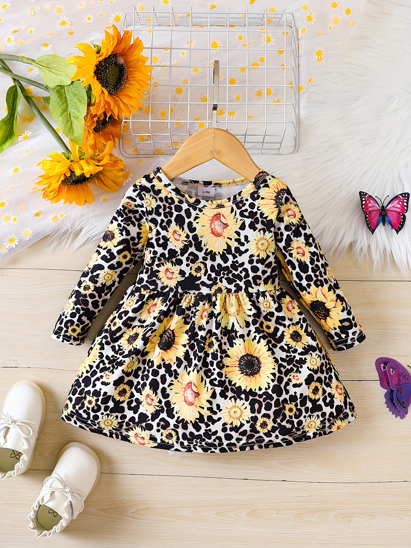 girls' floral print long sleeve dress 80% polyester 20% Temu