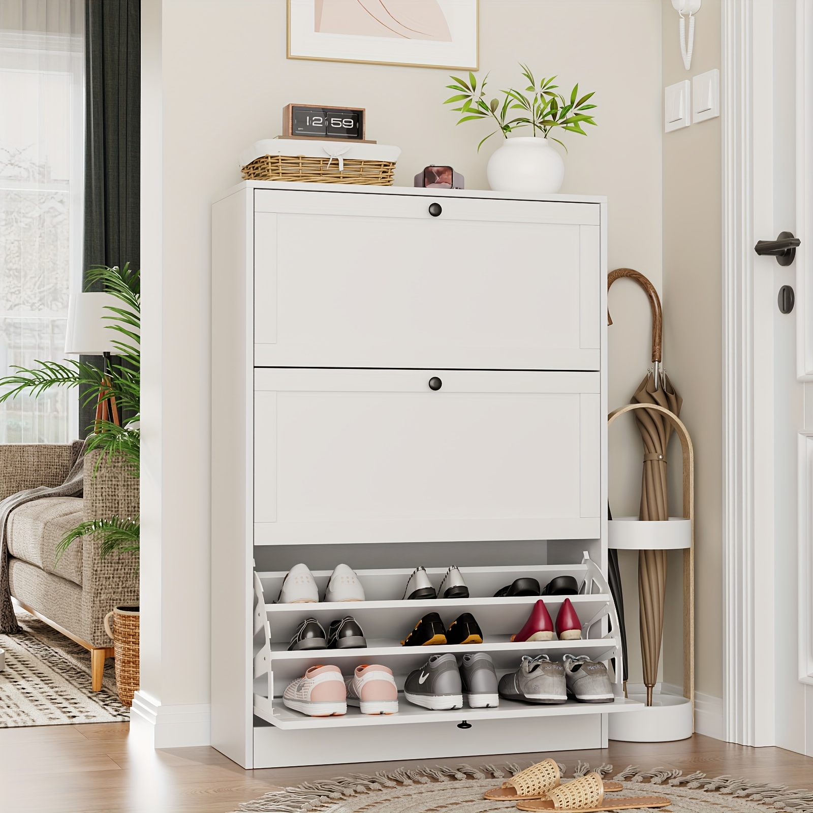 TEMU "/41.35" Modern Shoe Cabinet With 2/3/4 Flip Drawers & 3-tier Rack - Freestanding Shoe Organizer Suitable For Entryway, Anti-tipping, -standing