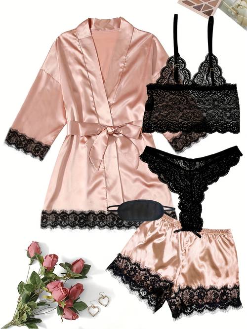 womens elegant satin lace pajama set three quarter sleeve v neck robe v neck backless crop cami top shorts eye mask comfortable relaxed fit summer nightwear for fall winter