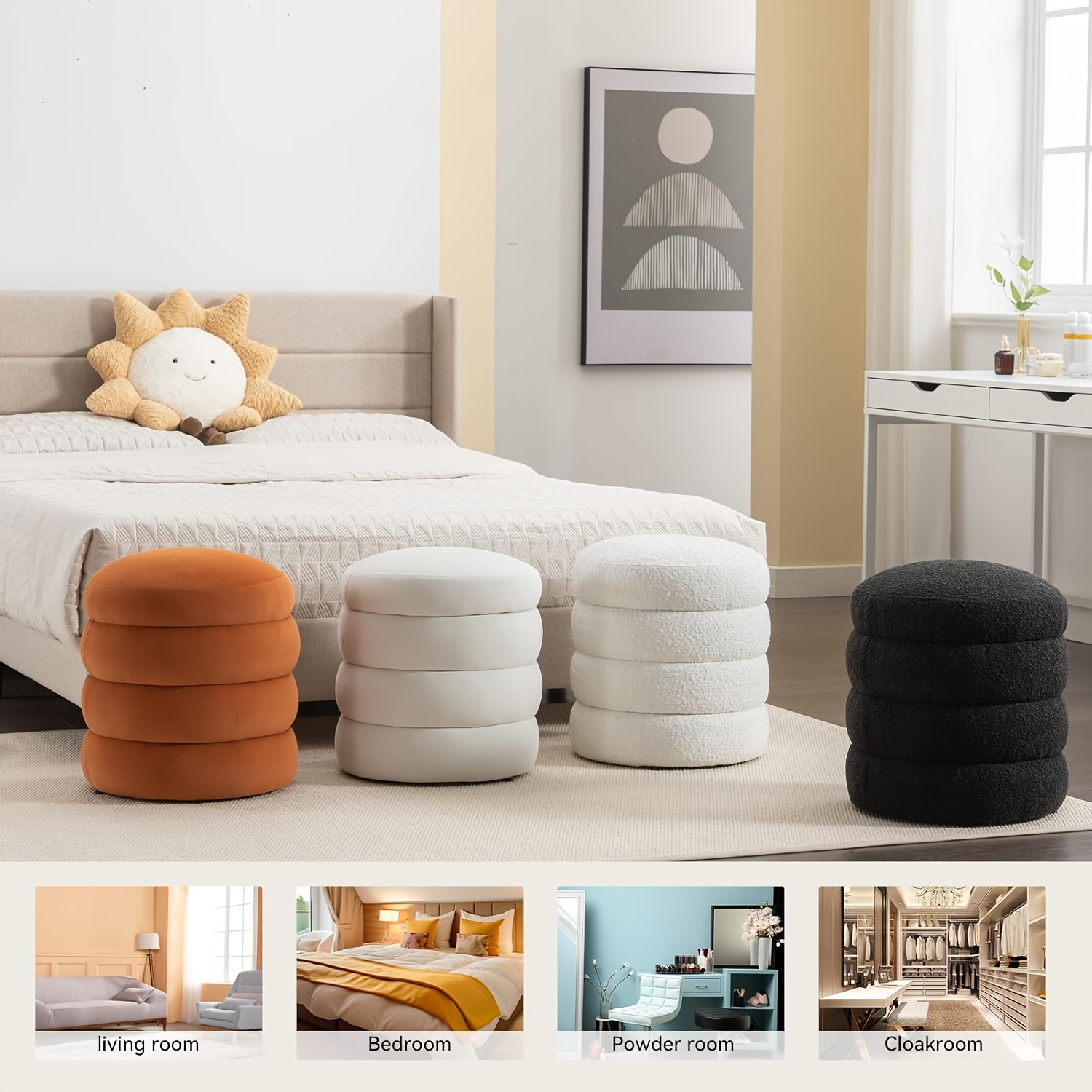 round upholstered vanity stool ottoman   with no   featuring a footrest without storage measuring 16 93 inches in width and 18 5 inches in height Product details 0
