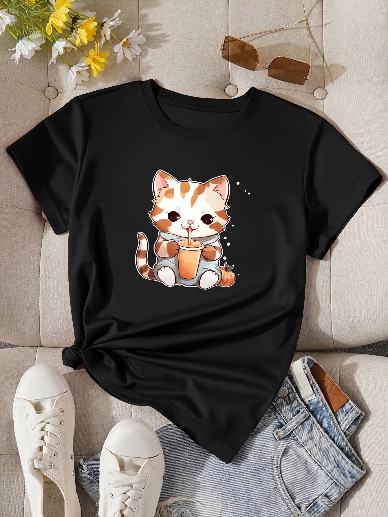 Girls Cute Cartoon Cat Graphic T shirt Casual Round Neck - Temu Canada