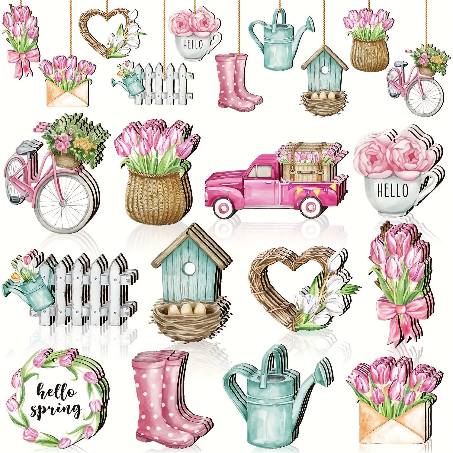 Image of 24pcs Vintage Wooden Spring & Easter Hanging Ornaments Set, Farmhouse Floral Hollow-out Decor, Wood Pendants For Seasonal Tree Decoration, With No Electricity Needed For New Year & Easter