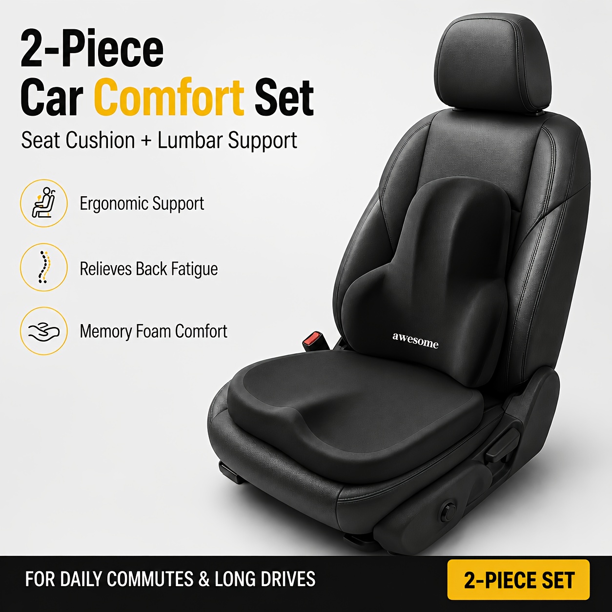 TEMU 2pcs Car Seat Set, Memory Foam Lumbar Support Pillow And Ergonomic Seat Cushion For Daily Commutes And Long Drives