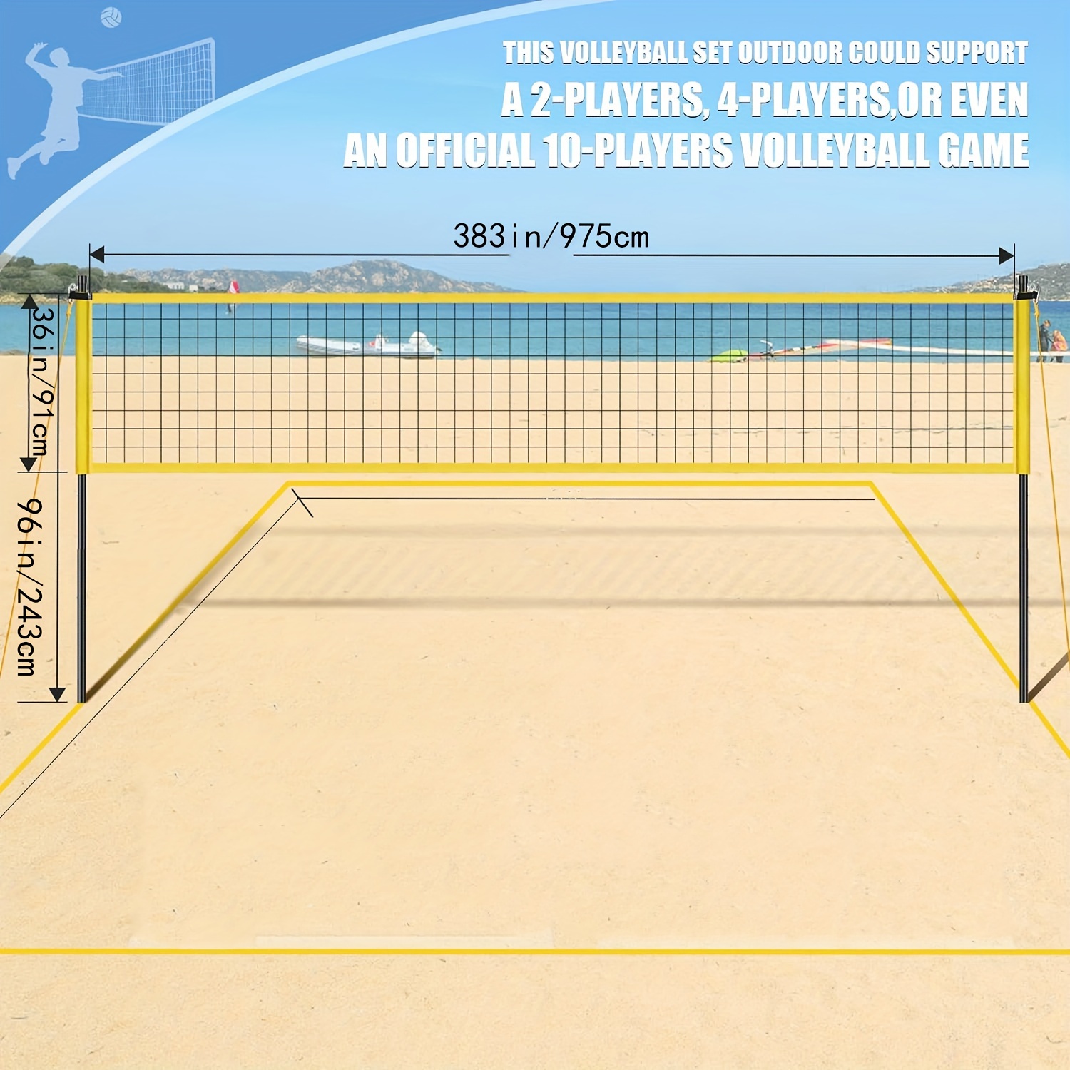 изображение предмета згкох   портативный набор волейбольной сети - регулируемые высоты стойки, прочная ткань оксфорд, включает мяч, насос, границы & сумку для переноски -   для пляжа, бассейна и веселья на дворе, аксессуары для волейбола