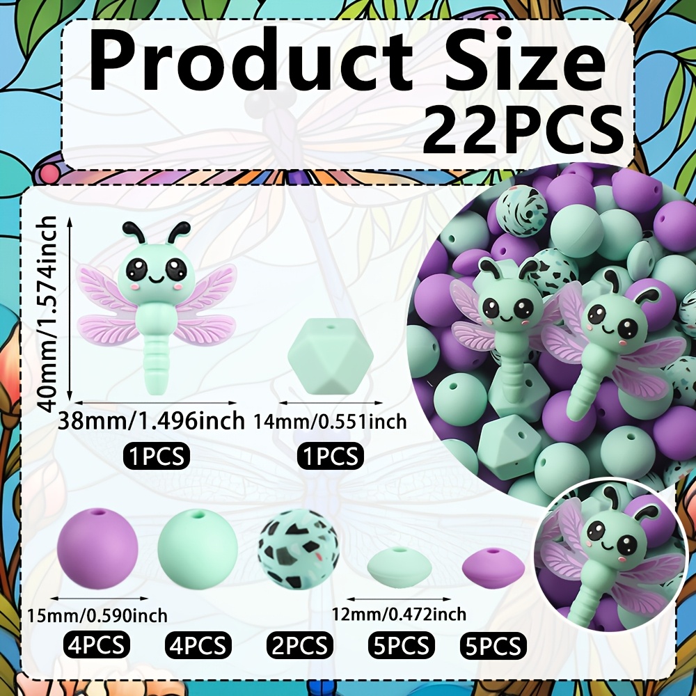 TEMU 22pcs New 2026 Cute Dragonfly 3d Silicone Beads Mint Green With Purple Jewelry Making Pens Beaded Decorations Accessories For Bracelets And