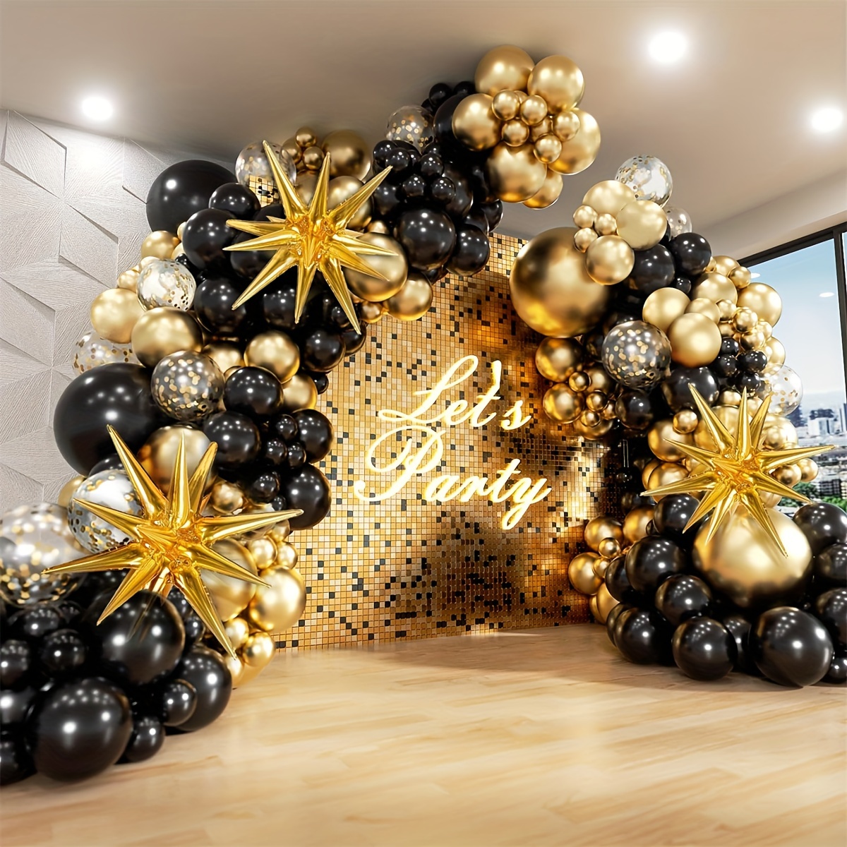 

132pcs Black And Golden Balloon Garland Arch Kit With Starburst Foil Balloons, 5 10 12 18 Inch Black Golden Latex Balloons For New Year Wedding Anniversary Birthday Party Wedding Decoration