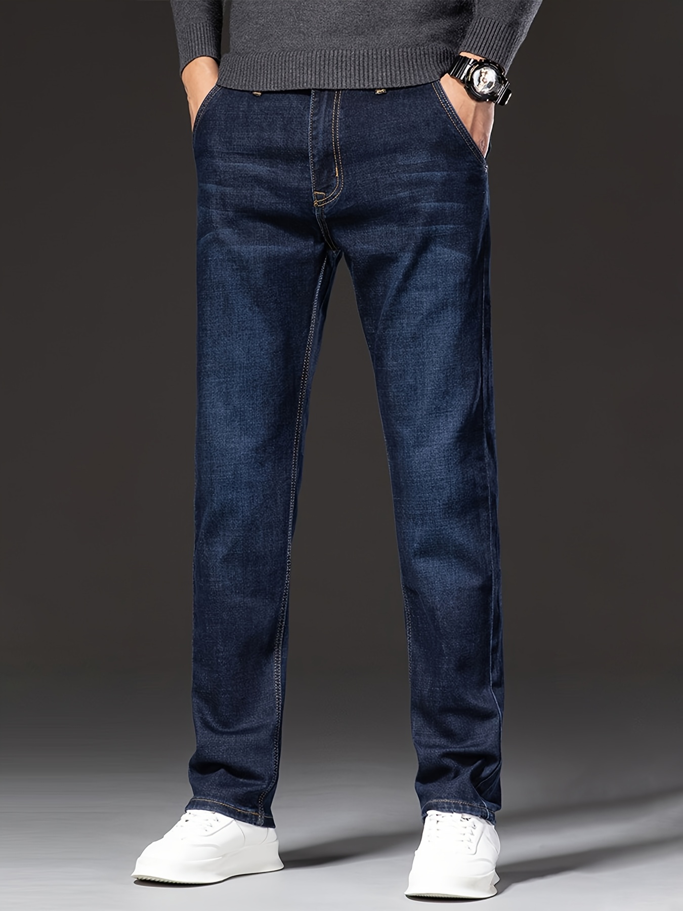 Navy Jeans Smart Casual Mens Navy Blue Stretch Fit Dress Jeans