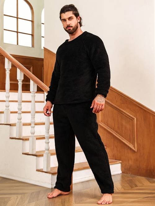 autumn winter new long sleeve long pants mens plush solid pajama set set