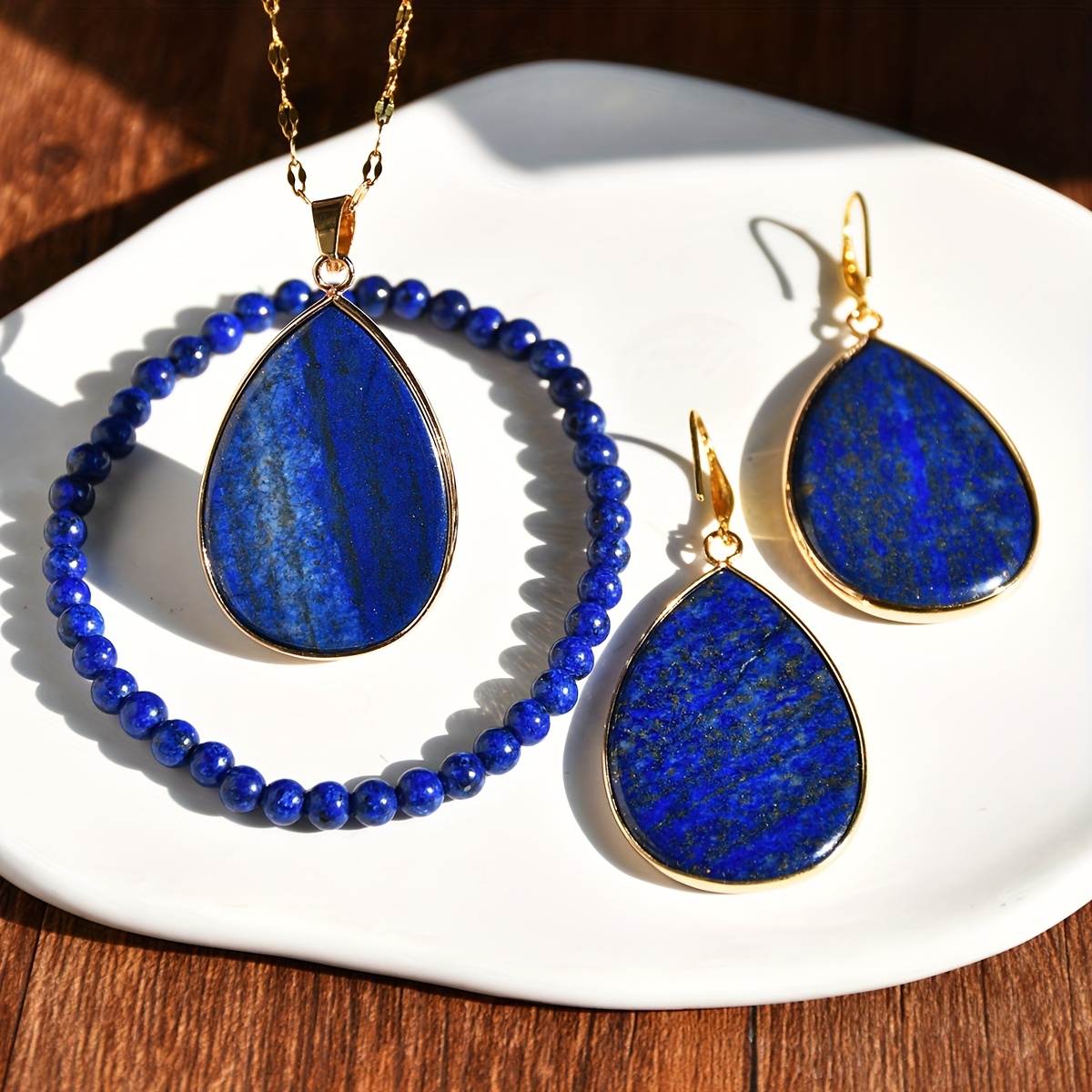 Lapis Lazuli Dangle Earrings & Necklace Set with Golden Tone