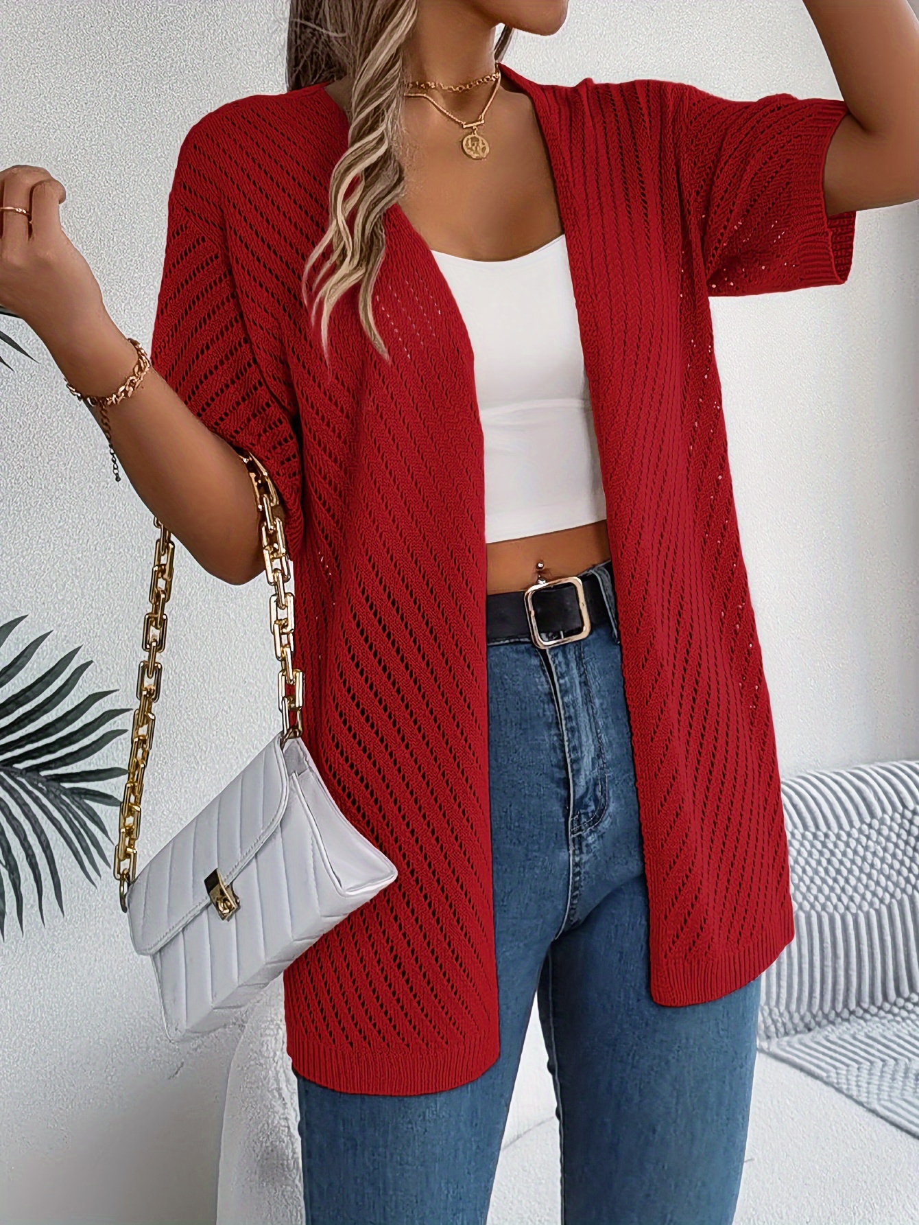 *] Chic roter Strick-Cardigan für Damen leichter Viskose, hohler Design  für Sonnenschutz, ideal für Frühling Sommer-Outfits, leichter