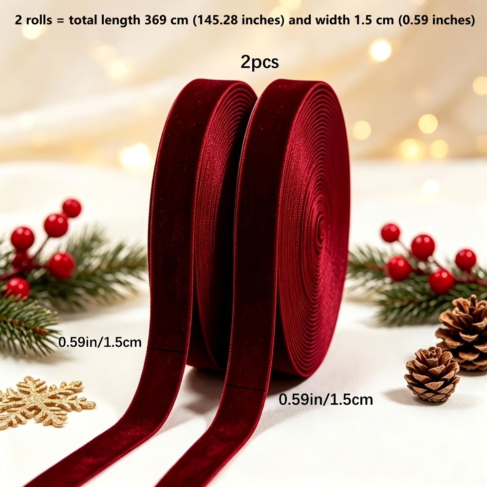 TEMU 2 Rouleaux de Ruban de Velours Rouge Vin Simple Face, Longueur Totale 369 Cm, Largeur 1.5 Cm, Ruban de Velours d'Emballage Cadeau de Noël Ruban