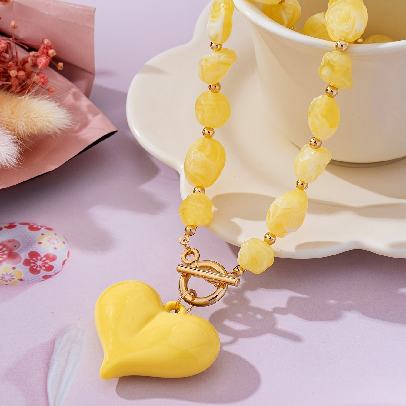 TEMU A Stylish And Elegant Dopamine-colored Beaded Heart Pendant Necklace Suitable For Women' Wear