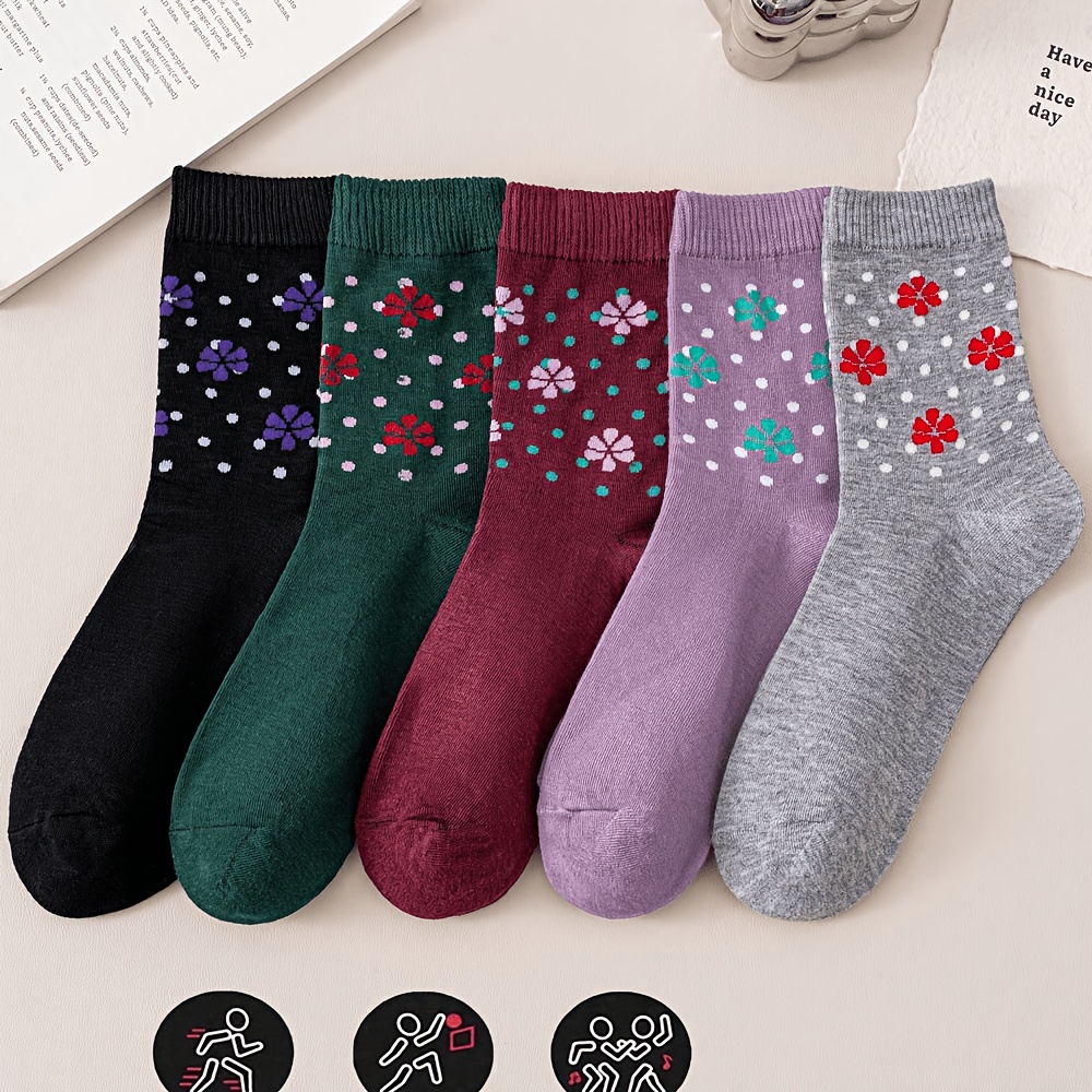 TEMU 5-pair Women's Hyuna-style Floral Print Mid-calf Socks Suitable For - Elegant Hyuna-themed Grandma Socks, Elderly Lady & Mom Socks With Flower