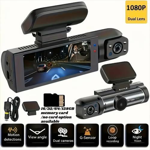 dash cam with 128gb memory card dual front and built in lenses inch 1080p hd car camera featuring loop recording and wide angle design