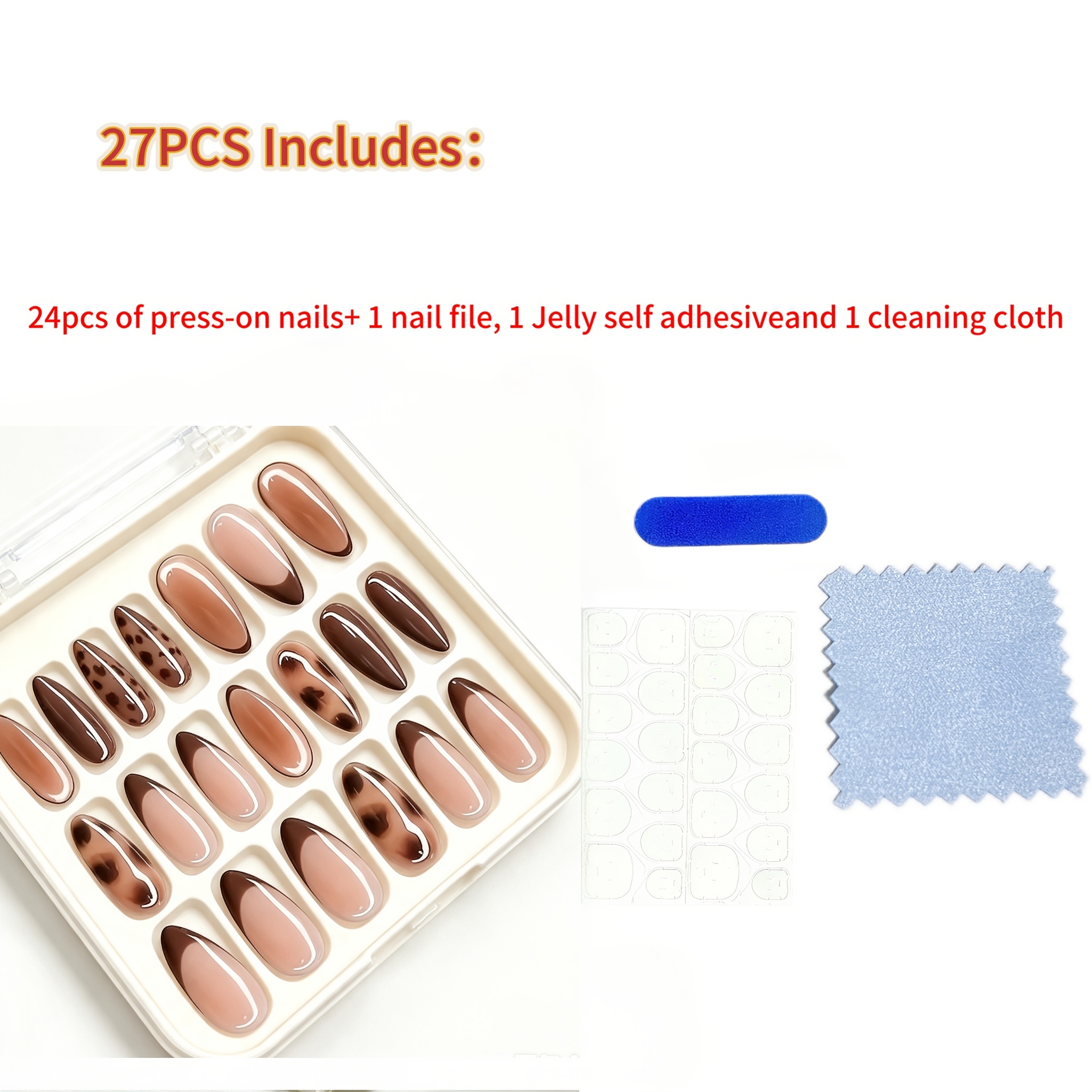 TEMU 27pcs (contains 24 Nail Tips, 1 Nail File, 1 Sheet Of Jelly Self-adhesive Tabs And 1 Cleaning Cloth)medium Long Almond Gradient Leopard Press On