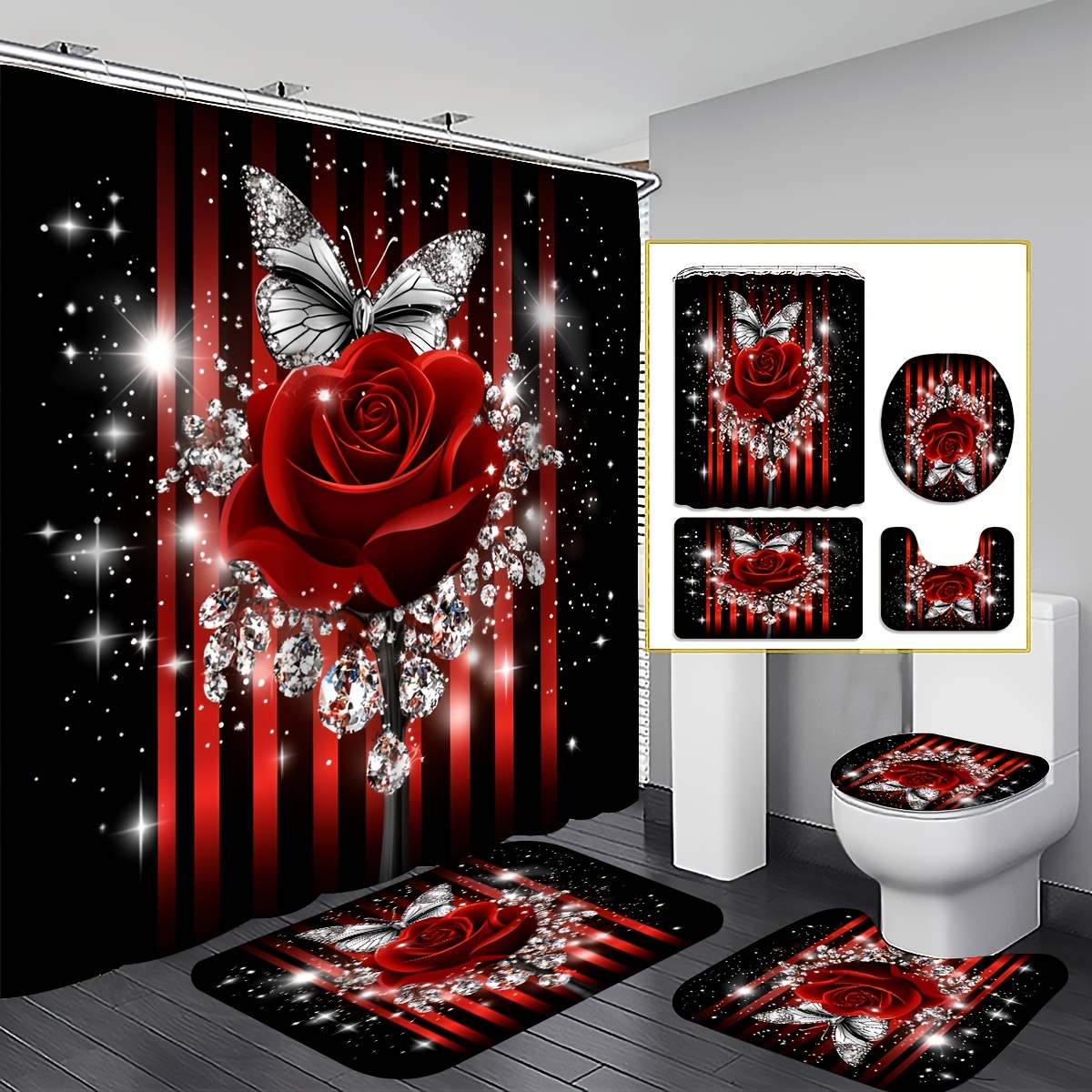 TEMU Ensemble de rideau de douche plat 2D 4 pièces et papillon, avec papillon argenté et accents en cristal, décoration de salle de bain, accessoires
