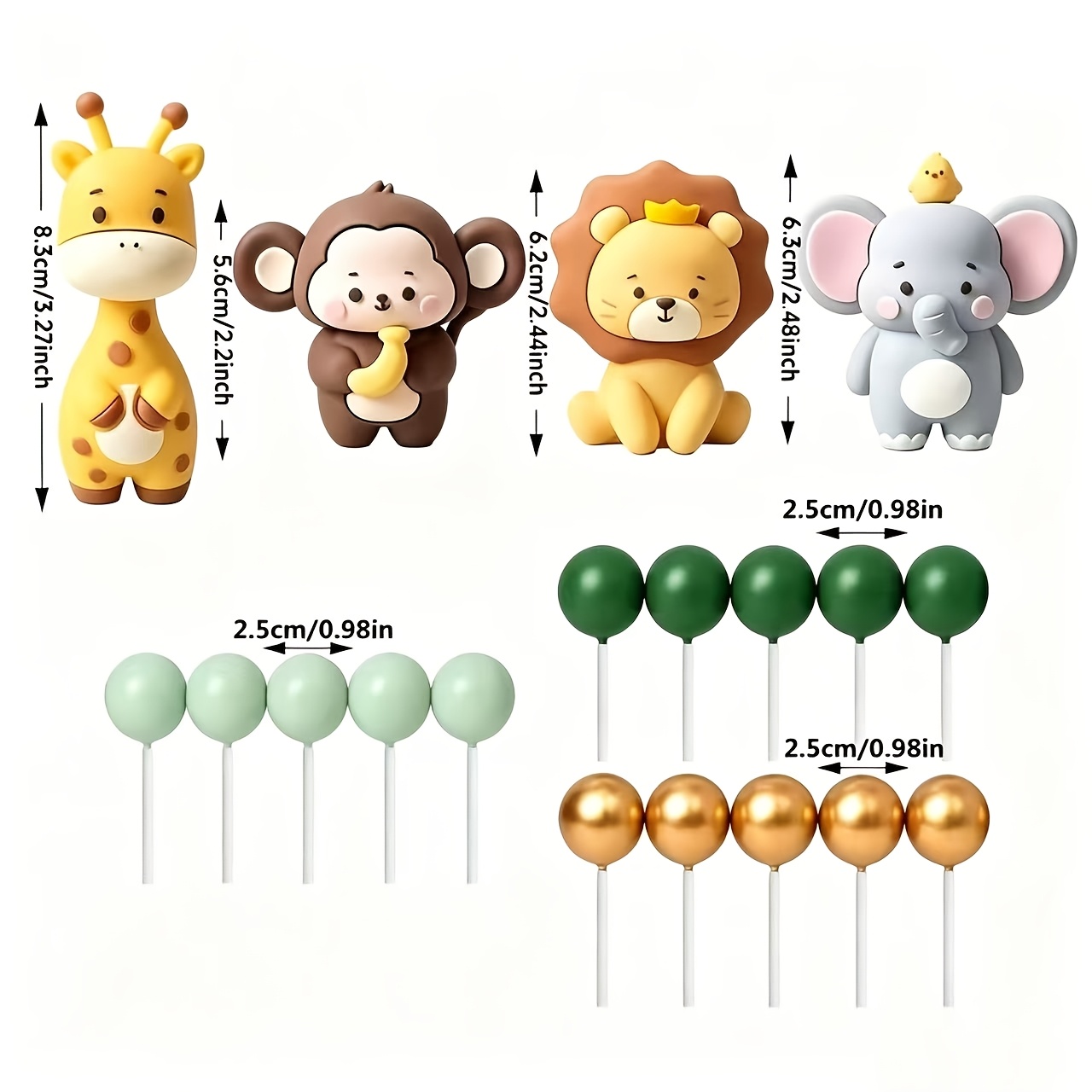 TEMU 19pcs Set Of Animal Cake Decorations, Featuring Shapes Such As , Elephants, Giraffes, And Monkeys, Along With Green And Balls. Suitable For