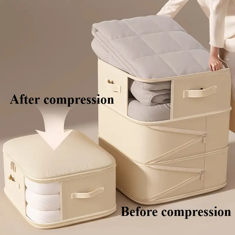 extra large capacity space saving compression storage bags with zipper closure heavy duty nylon organizer for clothes bedding travel stackable compression bags for home moving storage units     pink beige more ideal for closet under bed organization   space saver sturdy handle feature moving supplies   reinforced   home organizers Product details 2