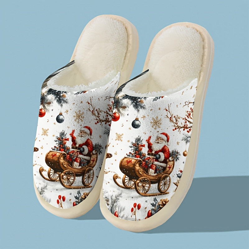 TEMU Colorful Christmas Elements Print Sleigh And Fir Forest Pattern Home Relaxation Skin-friendly Couple Men Women Same Style Fleece Slippers