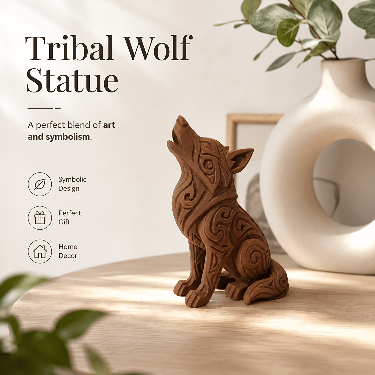 TEMU Tribal Wolf Figurine With Patterns & Nordic Totem Wolf Sculpture - Plastic Wolf Statue Suitable For / Use, Vintage Tribal Tabletop Decor For,