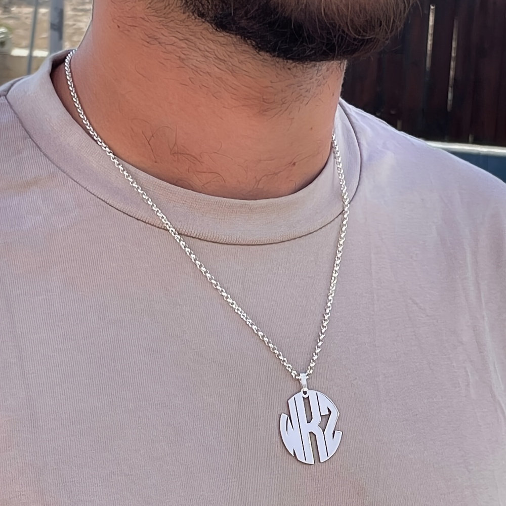Custom Big Chain Round Letter Necklace, Personalized Minimalist Monogram Pendant With Detachable Stainless Steel Initials, Logo Jewelry For Men And Women