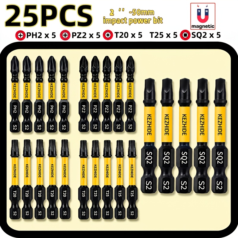 TEMU High Hardness 25pcs Screwdriver Bit Set, S2 Alloy Steel Bit Assortment With Full Specifications: Phillips/torx/square/phillips Bits, 50mm Drill