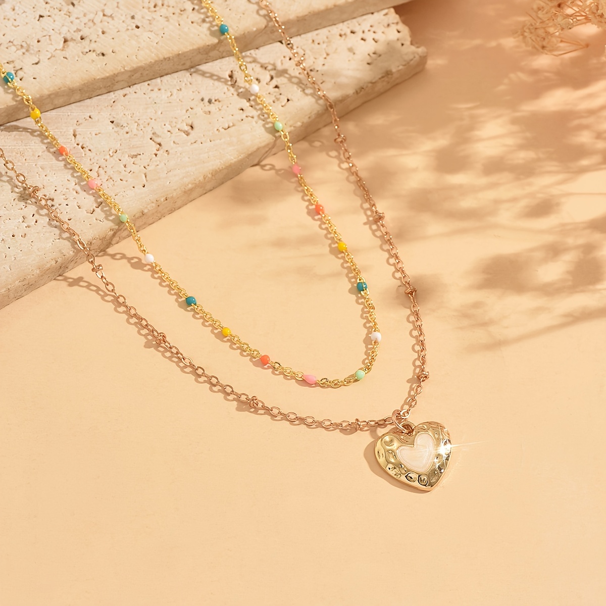 2pcs Boho Layered Necklace with Enamel Beads & Heart Pendant