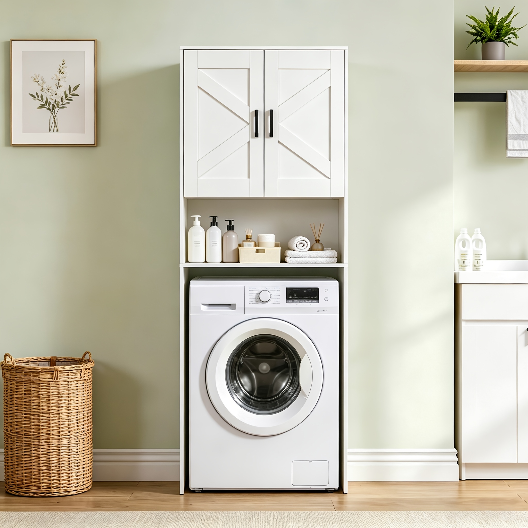 Image of Washing Machine Cabinet, Washing Machine Shelf With 2 Doors, Bathroom Cabinet For Washing Machine And Toilet, Tall Cabinet Bathroom