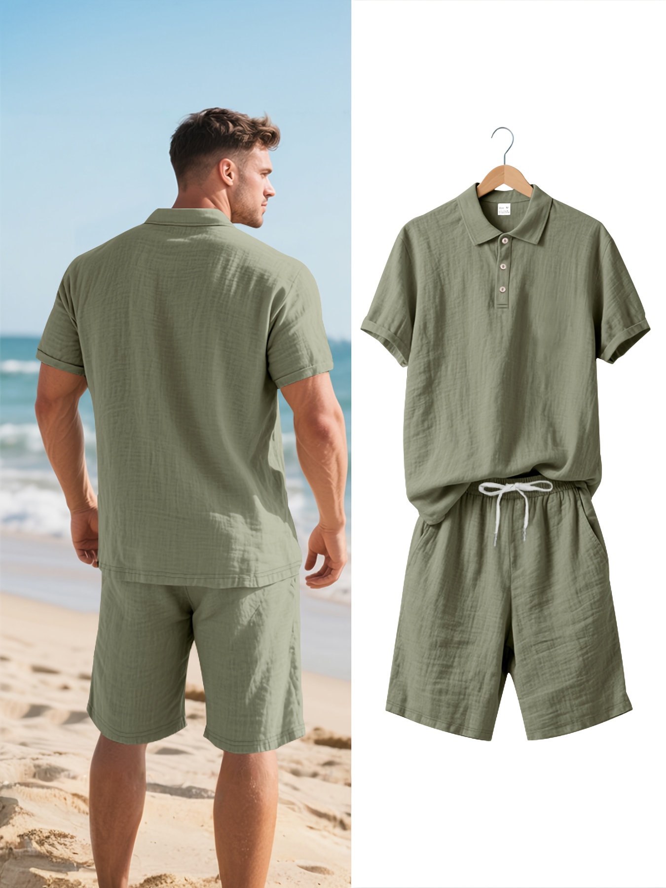 Men's Linen Short Sleeve Shorts Set, Summer Outdoor Sports Casual Breathable Short Sleeve Shirt with Shorts