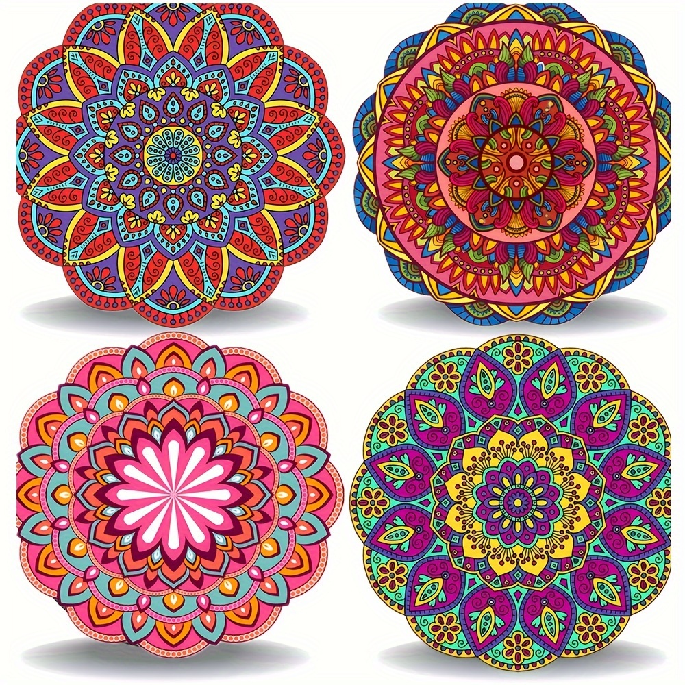 

4pcs Mandala Wooden Coasters - Heat Resistant Mats For Dining Table, Cup Pads, Kitchen Trivets, Protective Mats