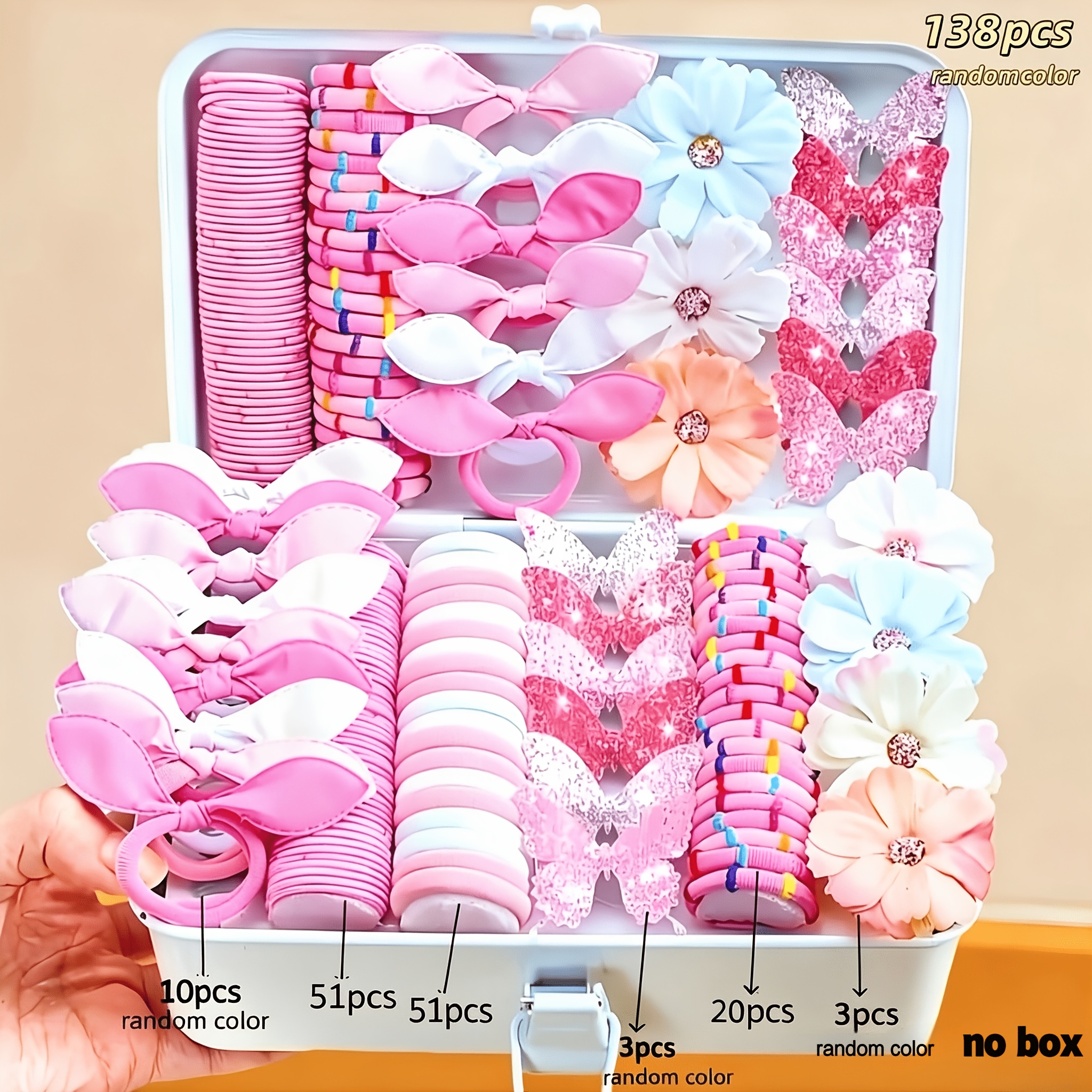 TEMU Random 138pcs Pink Hair Accessory Set, 3d Simulation Flowers And Sequined Butterflies With Soft Hair Ties, Sweet And Cute Multifunctional