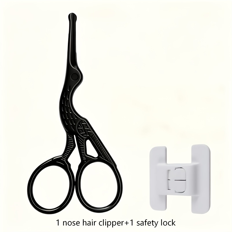 2pcs Set (1 Black Stainless Steel Round Nose Hair Scissors, Crane Carving Manual Hair Trimming Scissors, Home Men' Nasal Hair Trimming And Beauty Mini Scissors+ Safety Lock)